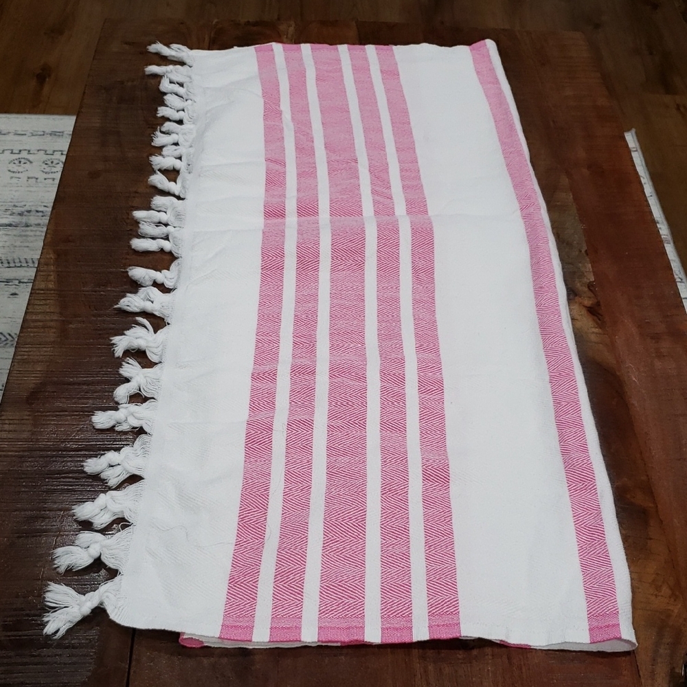 Pink and White Striped Tasseled Towel